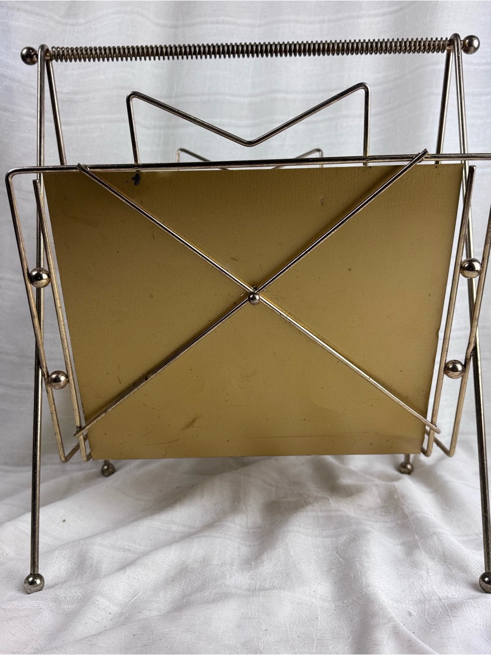 Vintage Atomic MCM Metal Gold Tone Vinyl Record Magazine Towel Retro Stand Rack